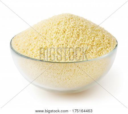Dry couscous in glass bowl isolated on white background with clipping path