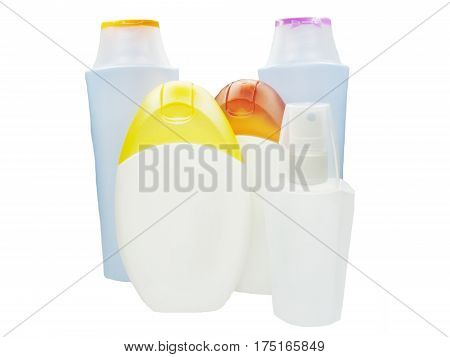 bottles of shampoo and shower gel cosmetic set