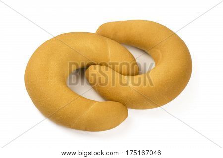 Two delicious freshly baked bagels on a white background the highest quality. Bagels ideal shape and color blush removed from the oven. Isolated.