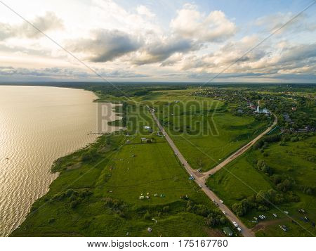 Beautiful lake Plescheevo at sunset - aerial view near Pereslavl-Zalessky Russia