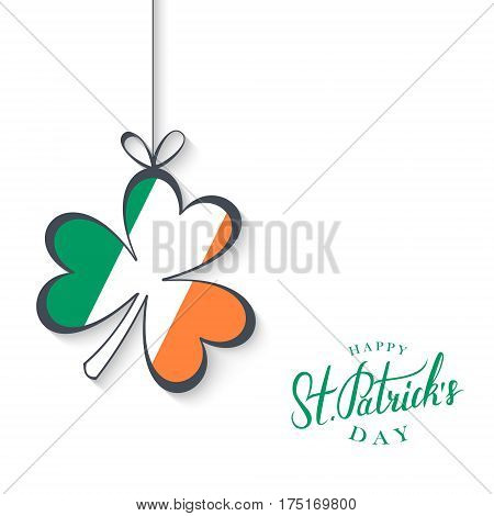 Happy Saint Patrick's Day greeting card with handwritten wishes and clover in colors of the irish national flag. Vector illustration.