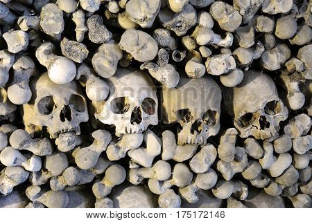 Human bones and skulls in Ossuary. Kostnice Church in Kutna Hora, Czech republic