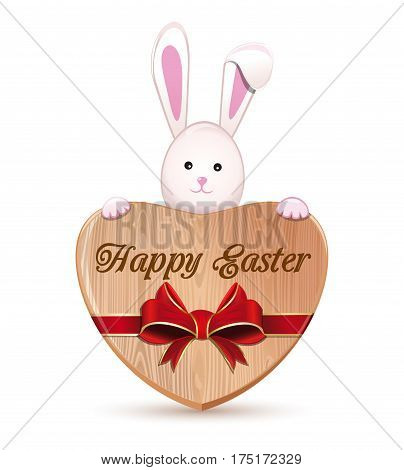Easter bunny and wooden heart isolated on white background. Cute Easter bunny holding a big wooden heart with an inscription - Happy Easter. Wooden heart tied with red ribbon. Vector illustration