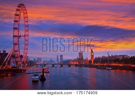 London sunset skyline Bigben and Thames river
