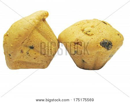 two sweet raisin cakes isolated on white