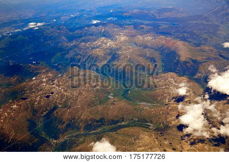 Aerial view of Pyrenees mountains border of France and spain