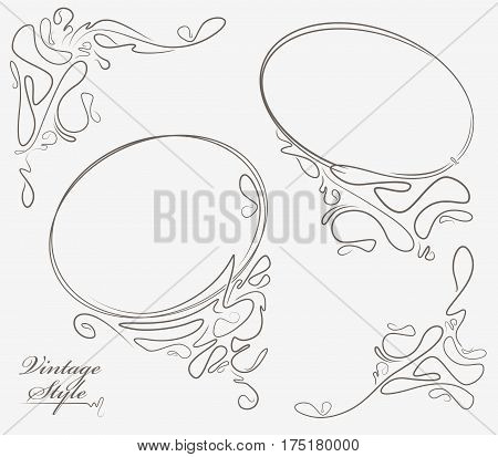 Pair Of Oval Outline Frame And Decorative Corner Elements.
