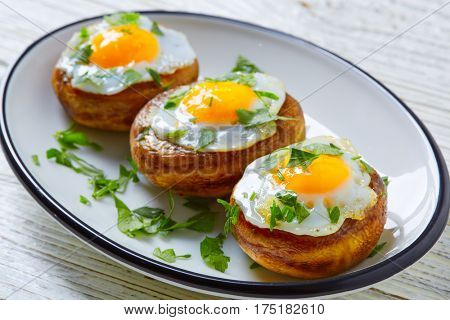 Tapas mushrooms with quail eggs from Spain pinchos pintxos