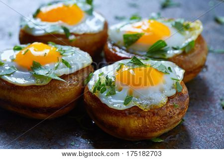 Tapas mushrooms with quail eggs from Spain pinchos pintxos