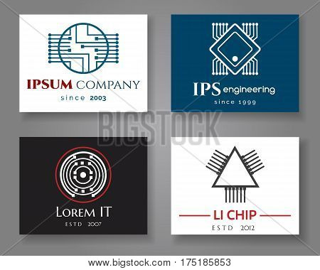IT and engineering logo company card set. Vector business label cards with chips or cpu. Brand company on card illustration