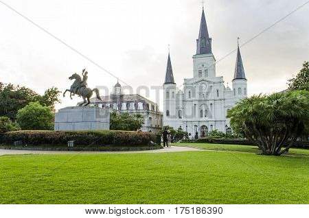 New Orleans, USA - July 8, 2015: St Louis Cathedral and Jackson Square in New Orleans at day time.