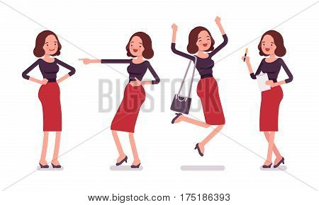 Set of young smilimg secretary in a elegant formal wear, showing positive emotions, skilled executive assistant jumping with joy, celebrating and mocking, full length, white background
