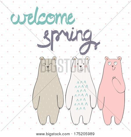 welcome spring. Greeting card with bears in vector.