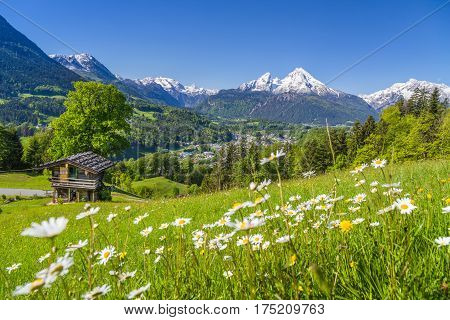Alpine Scenery With Mountain Chalet In Summer