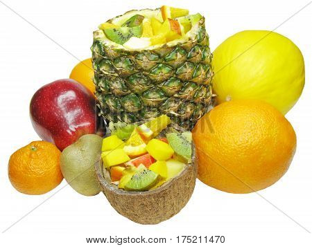 fruit salad in pineapple and coconut dessert food