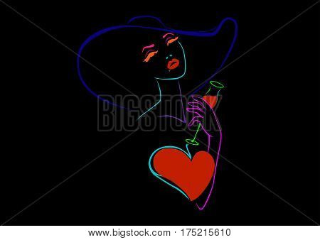 Woman with a glass of wine on a black background