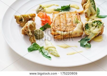 salmon steak with vegetables
