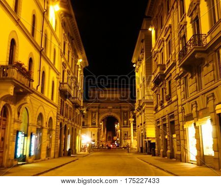 Piazza della Repubblica in the Night, view of the one stret of Florence, Italy