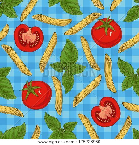 Seamless Vector Pattern with Penne Rigate Tomatoes and Green Basil on a Blue Plaid Background. Hand Drawn Illustration