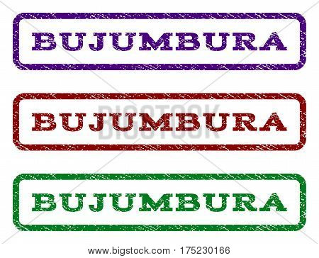 Bujumbura watermark stamp. Text caption inside rounded rectangle with grunge design style. Vector variants are indigo blue, red, green ink colors. Rubber seal stamp with dirty texture.
