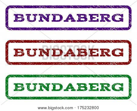Bundaberg watermark stamp. Text tag inside rounded rectangle frame with grunge design style. Vector variants are indigo blue, red, green ink colors. Rubber seal stamp with dirty texture.