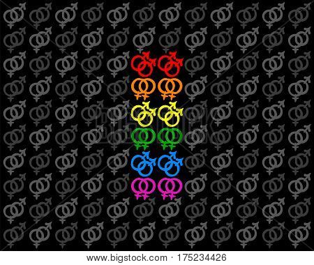 Gay and lesbian love symbols forming a rainbow colored pride flag among gray heterosexual symbols. Isolated vector illustration on black background.