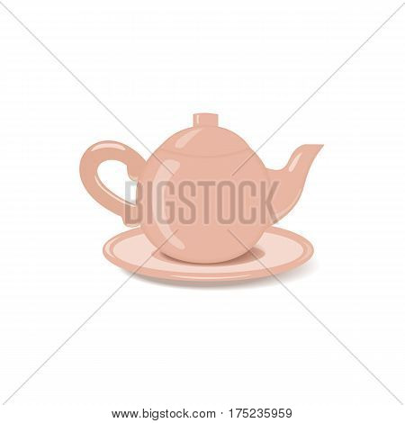 Ceramic teapot icon. Porcelain teakettle of classic shape with saucer isolated on white. Freehand drawn cartoon style. Teatime accessories concept. Tableware for tea drink. Vector element background
