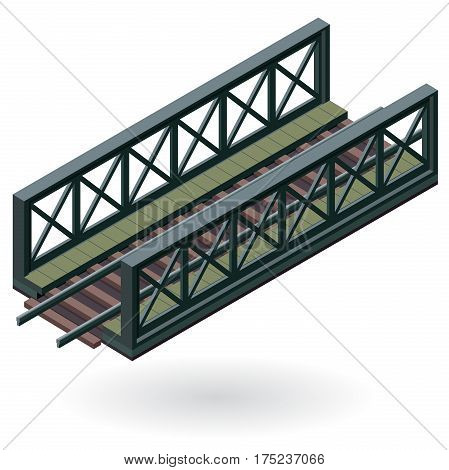 Vector train bridge in isometric 3d perspective isolated on white background. Industrial transportation building. Metallic architecture. Railway bridge with rail. Assembled riveted bridge construction