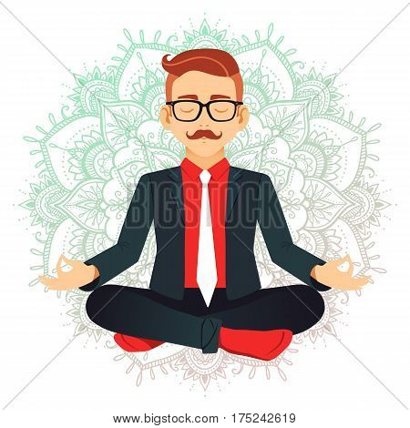 Vector Illustration Of Businessman Sitting In Lotus Pose. Meditating Office Worker On Dreamy Mandala