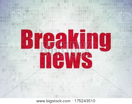 News concept: Painted red text Breaking News on Digital Data Paper background with  Scheme Of Hand Drawn News Icons