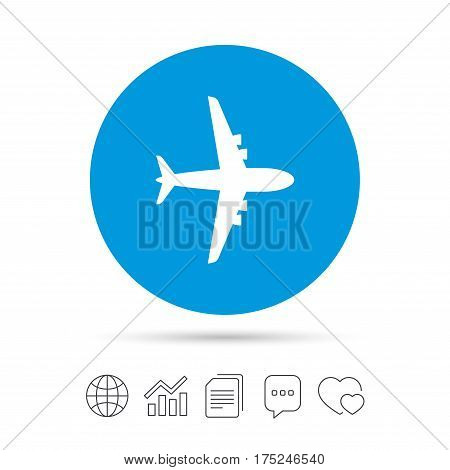 Airplane sign. Plane symbol. Travel icon. Flight flat label. Copy files, chat speech bubble and chart web icons. Vector