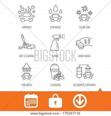 Car wash icons. Automatic cleaning station linear signs. Bucket with foam bubbles, sponge and spray flat line icons. Download arrow, locker and calendar web icons. Vector