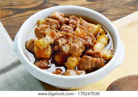 Thai streaky pork menu with coconut or palm sugar and black sauce.