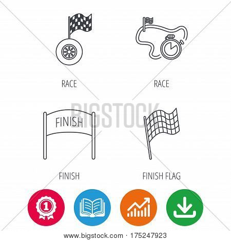 Finish flag, race timer and wheel icons. Race track linear sign. Award medal, growth chart and opened book web icons. Download arrow. Vector