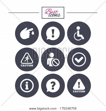Caution and attention icons. Question mark and information signs. Injury and disabled person symbols. Classic simple flat icons. Vector