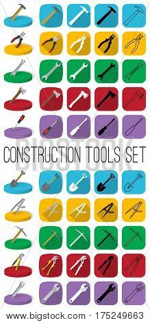 Construction tools set in different style: outline black and white silhouette colorfull and isometric. Modern industrial instrumen icons.