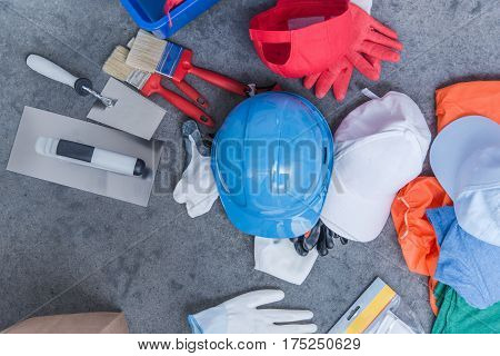 Construction Equipment and Tools. Safety Hard Hat Gloves and Tools.