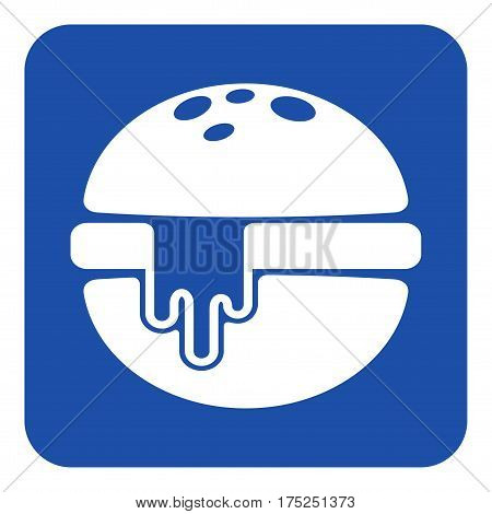 blue rounded square information road sign - white hamburger with melted cheese icon