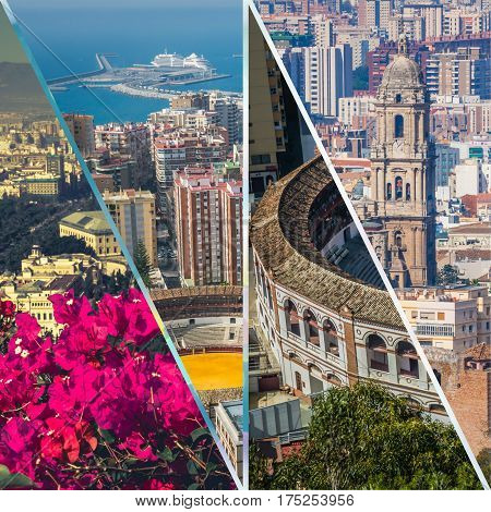 Collage of of Malaga with bullring and harbor. Spain