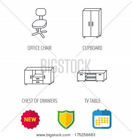 Cupboard, TV table and office chair icons. Chest of drawers linear sign. Shield protection, calendar and new tag web icons. Vector