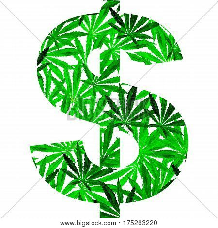 Crowd of Cannabis leaves on dollar sign on white background. Hand drawn watercolor illustration of the plant Cannabis Sativa or Marijuana. Pattern with marijuana leaf for label poster web.