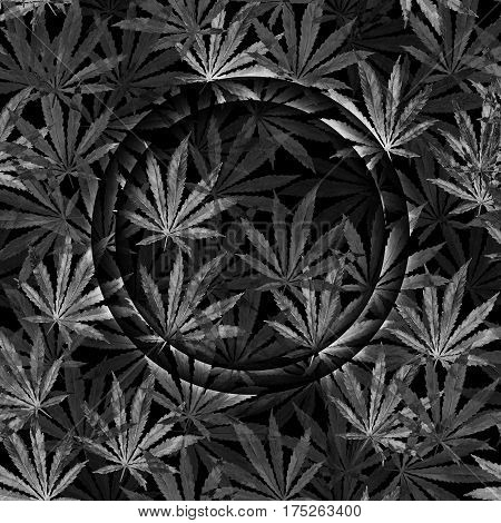 Crowd of Cannabis leaves on black background. Hand drawn watercolor illustration of the plant Cannabis Sativa or Marijuana. Pattern with marijuana leaf for label poster web.