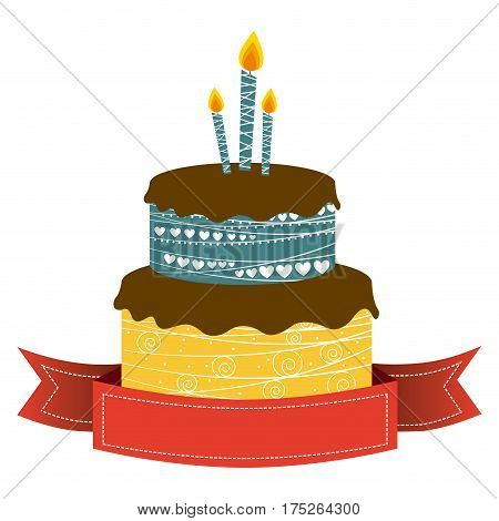 color cake party with canddles and fuchsia ribbon icon, vector illustraction