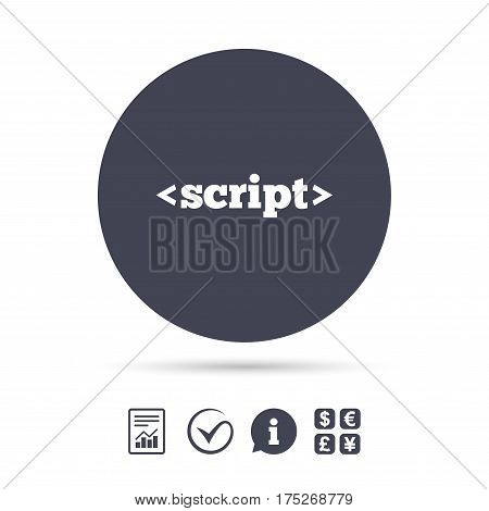Script sign icon. Javascript code symbol. Report document, information and check tick icons. Currency exchange. Vector