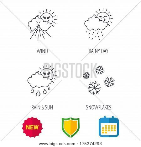 Snowflakes, sun and rain icons. Wind linear sign. Shield protection, calendar and new tag web icons. Vector