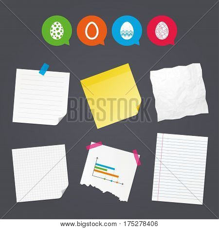 Business paper banners with notes. Easter eggs icons. Circles and floral patterns symbols. Tradition Pasch signs. Sticky colorful tape. Speech bubbles with icons. Vector