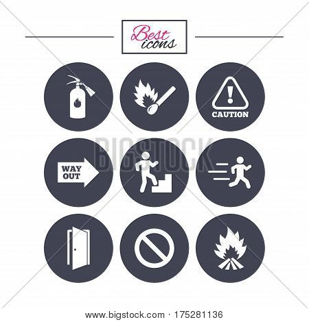 Fire safety, emergency icons. Fire extinguisher, exit and attention signs. Caution, water drop and way out symbols. Classic simple flat icons. Vector