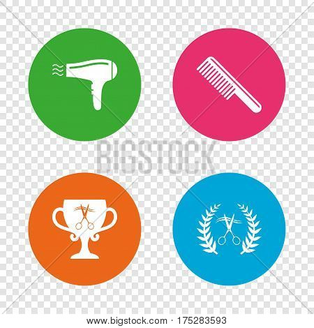 Hairdresser icons. Scissors cut hair symbol. Comb hair with hairdryer symbol. Barbershop laurel wreath winner award. Round buttons on transparent background. Vector