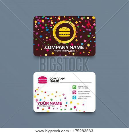 Business card template with confetti pieces. Hamburger icon. Burger food symbol. Cheeseburger sandwich sign. Phone, web and location icons. Visiting card  Vector