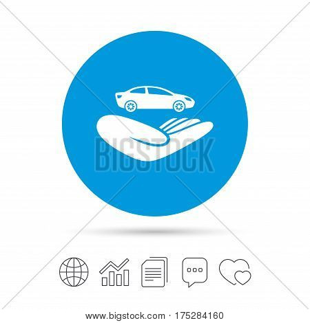 Car insurance sign icon. Hand holds transport. Protection vehicle from damage and accidents. Copy files, chat speech bubble and chart web icons. Vector